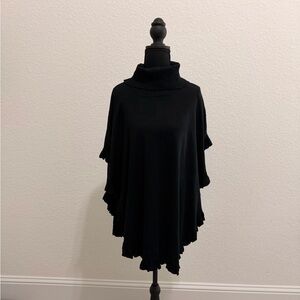 JOSEPH Black Knit Turtleneck Poncho Ruffled Trim Minimalist Chic